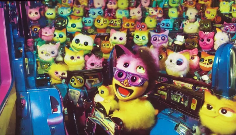 Prompt: 1990s photo of inside the Furby ride at Universal Studios in Orlando, Florida, children riding in a Furby through Furby world, cinematic, UHD