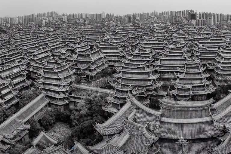Prompt: the black and white palace buildings in the wei, jin and northern and southern dynasties in ancient china, the hard and strong buildings, the neat and dense buildings, the cool colors, the bird's - eye view, the panorama, left right symmetry, cg original.