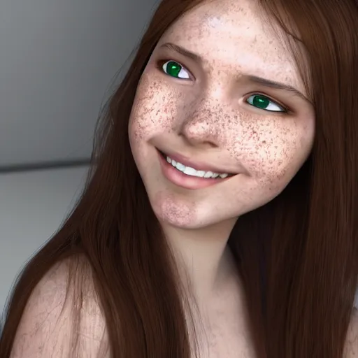 Image similar to Render of April, a cute 3D young woman, long shiny bronze brown hair, full round face, green eyes, medium skin tone, light cute freckles, light blush, smiling softly, wearing casual clothing, relaxing on the couch, interior lighting, cozy living room background, medium shot, mid-shot, hyperdetailed, hyperreal, trending on Artstation, Unreal Engine, 4k