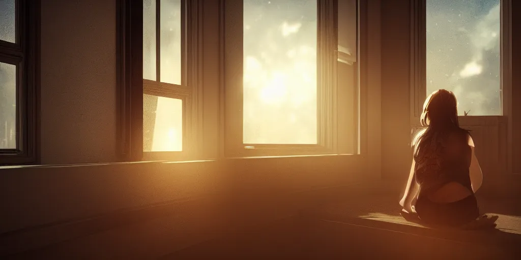 Prompt: the girl on a windowsill, hyper realistic, hyper detailed, epic lighting, cinematic, dynamic volumetric lighting, ray tracing, 8 k, glowing lights, wide shot, reality