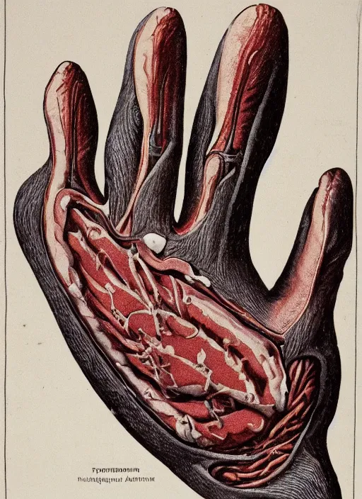 Image similar to vintage medical anatomical illustration of freddy krueger's glove, highly detailed, labels, intricate writing