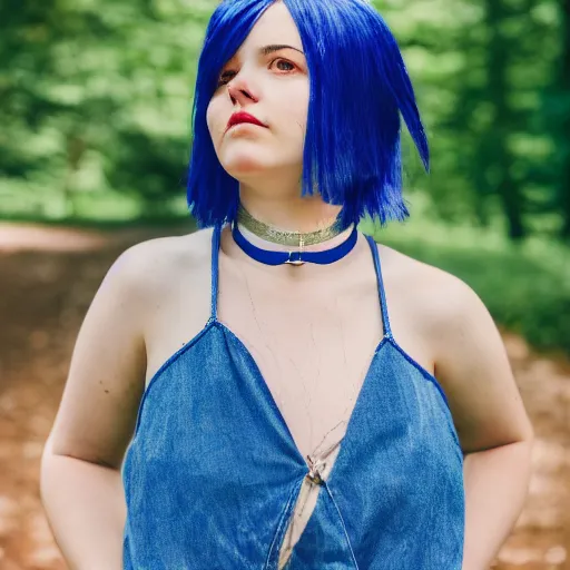 Prompt: Portrait of a cute young woman with short blue hair and a choker, portrait photography, cottagecore, upper body image, 35mm f/1.4, iso 100