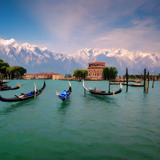 Prompt: venice on a lake with chinese mountains background