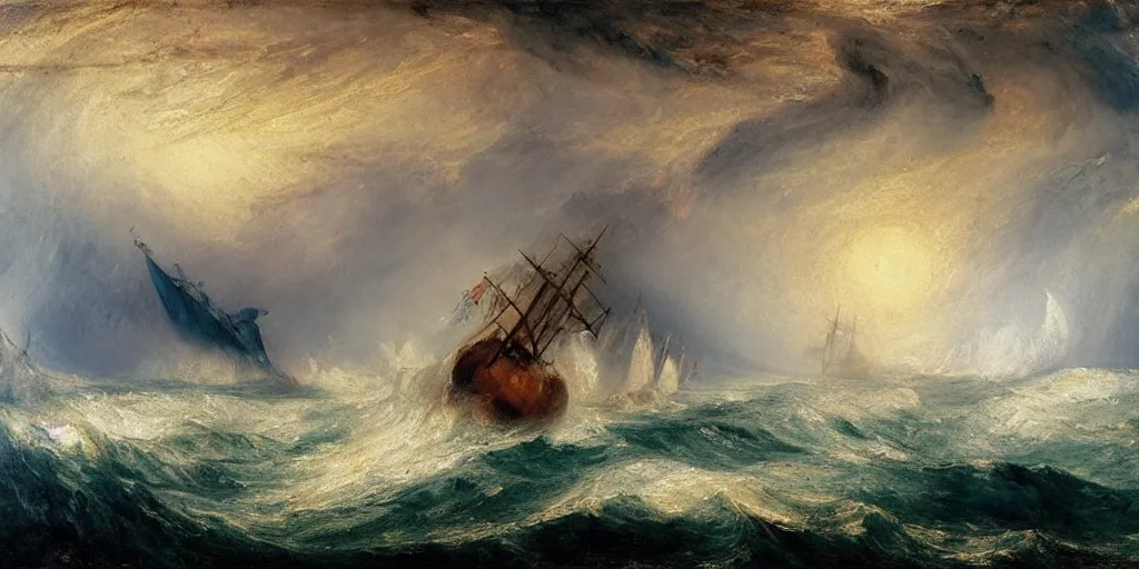 Prompt: A painting of a ship at sea, in a storm, by J.M.W. Turner