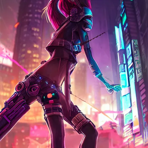 Image similar to jinx, cyberpunk, concept art, artstation, detailed, dramatic lighting, cyber - city background