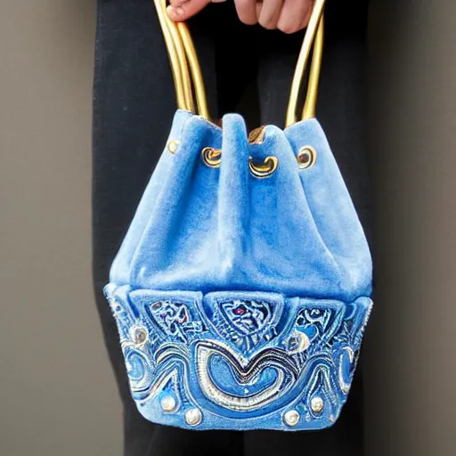 Image similar to a bucket bag made of blue suede. the bag is decorated with intricate golden paisley patterns. the handle of the bag is made of rubies and pearls.