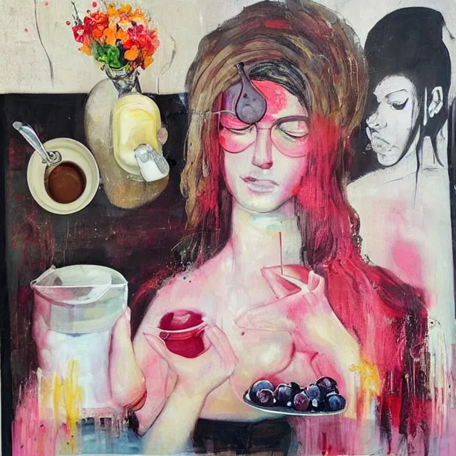Image similar to “ sensual, a portrait in a female art student ’ s apartment, pancakes, woman drinking an iced latte from a painting, berries, art supplies, a candle dripping white wax, berry juice drips, neo - expressionism, surrealism, acrylic and spray paint and oilstick on canvas ”