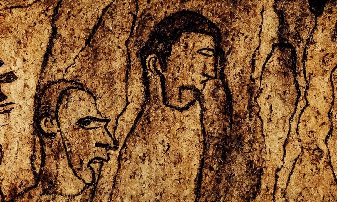 Image similar to ancient cave drawings discovered depicting nicolas cage. archaeological discovery, dslr photograph, high resolution, intricate details, photorealistic.