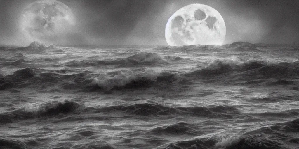 Prompt: the ocean shook in terror, the skies trembled in fear and the air stood silent. the mighty eldritch god has awoken from its watery slumber and the moon howled in anticipation