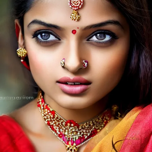 Image similar to beautiful Indian cute teen girl resembling Aishwarya Rai, beauty expressive pose, art by mark brooks, but as a real life photograph, natural skin tone HDR photorealism, cinematic lighting, 8k ultra high definition