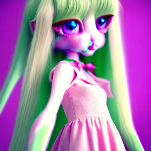 Image similar to ultrarealistic sweet bunny girl, intricate details, green eyes, 8K, long hair, fluffy, pink