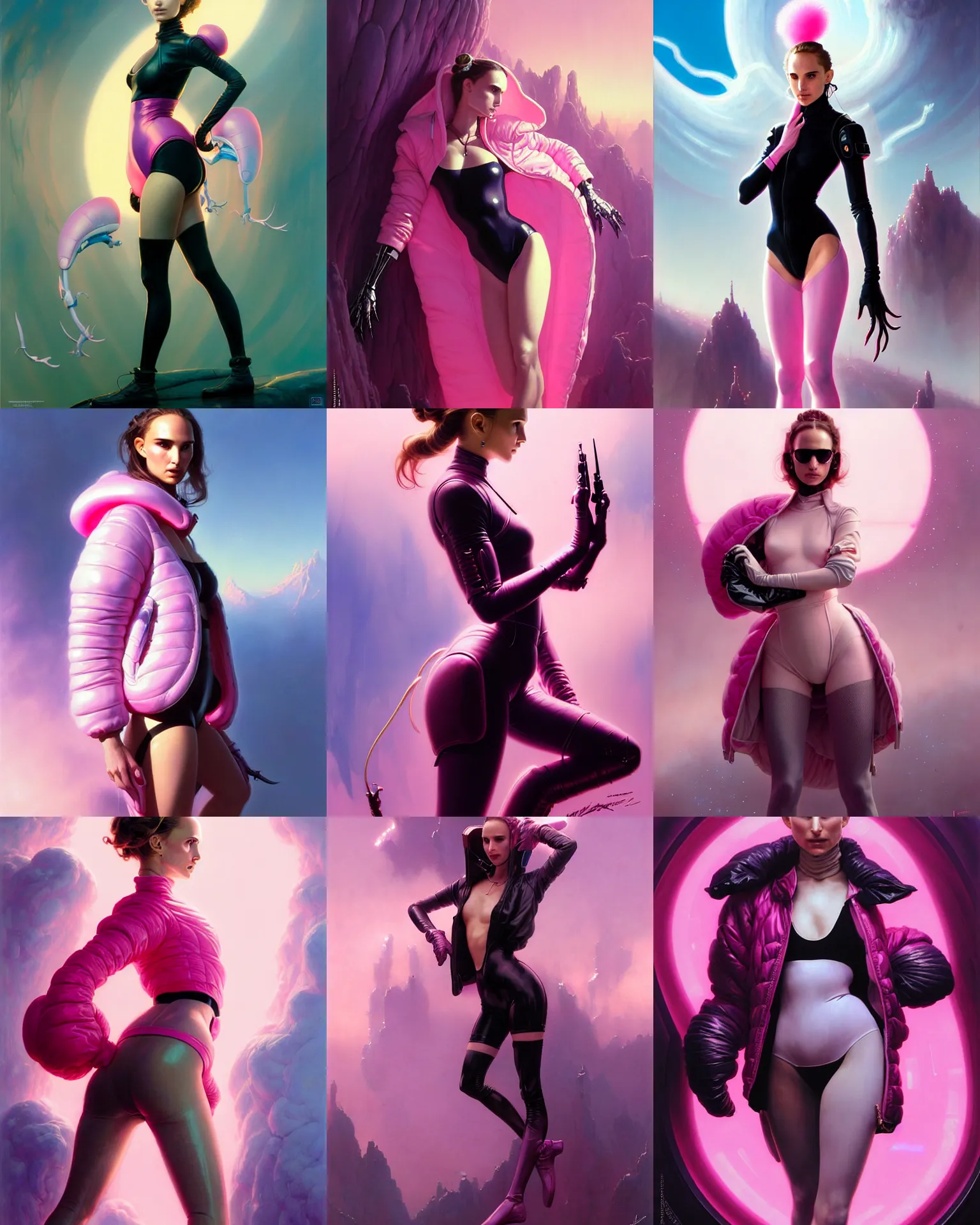 Prompt: beautiful fantasy character portrait, natalie portman, wearing oversized puffy pink bomber jacket and black leotard, ultra realistic, wide angle, seductive pose, cyberpunk artifacts, highly detailed by peter mohrbacher, hajime sorayama, wayne barlowe, boris vallejo, aaron horkey, gaston bussiere, craig mullins