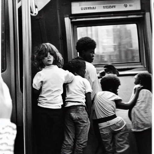 Prompt: “ kids riding on top of a new york city subway car, photograph by henri cartier - bresson ”