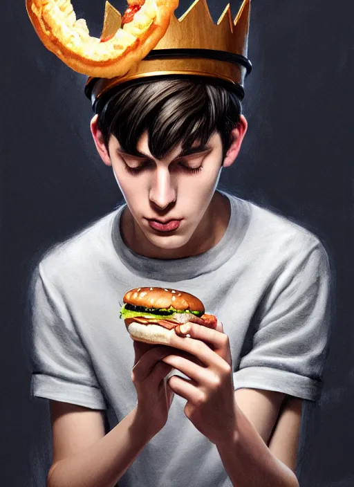 Image similar to portrait of teenage jughead jones wearing a light grey crown, crown, eating hamburger, eyes closed, crown, black hair, intricate, elegant, glowing lights, warm lighting, highly detailed, digital painting, artstation, concept art, smooth, sharp focus, illustration, art by wlop, mars ravelo and greg rutkowski