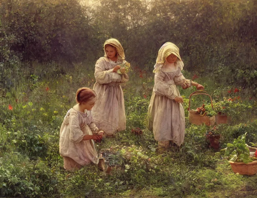 Prompt: 3 peasant girl picking vegetables from garden, cottage core, cinematic focus, polaroid photo bleached vintage pastel colors high - key lighting, soft lights, foggy, by steve hanks, by lisa yuskavage, by serov valentin, by tarkovsky, 8 k render, detailed, oil on canvas