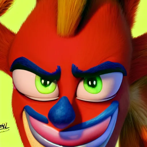 Image similar to upclose portrait of crash bandicoot making a crazy face, digital art, light pastel colors, by hirohiko araki, very detailed picture with lots of emotion, trending on artstation, high fidelity, 8 k, has a very realistic look to it, hyper realism