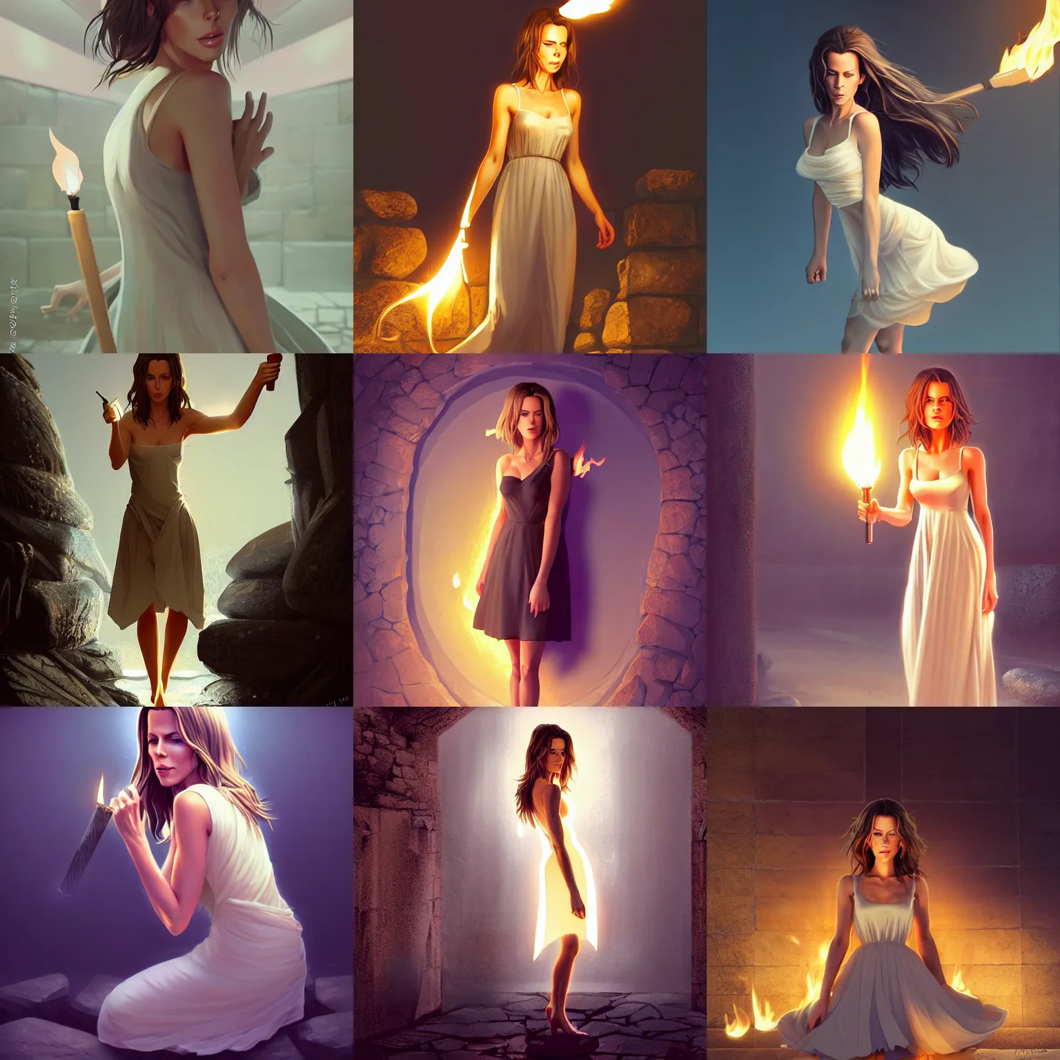 Prompt: realistic image of a beautiful kate beckinsale in her late 20s in summer dress art, light blonde shoulder-length hair, full body, stand on stone floor, under the lighting torch, fantasy dungeon, by Ilya Kuvshinov