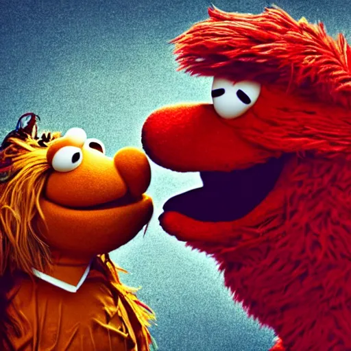 Image similar to a still of bert and elmo sharing a kiss, muppet character looking very manly and modern, hilarious, laughing, hairy chest, huge chin, manly monster tough guy, roughled fur, photo real, photographic, photograph, artstation, trending, featured