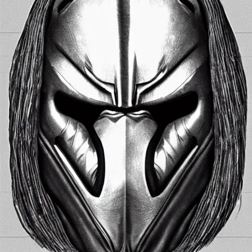 Prompt: hedcut portrait of yatuja wearing mask from the movie predator