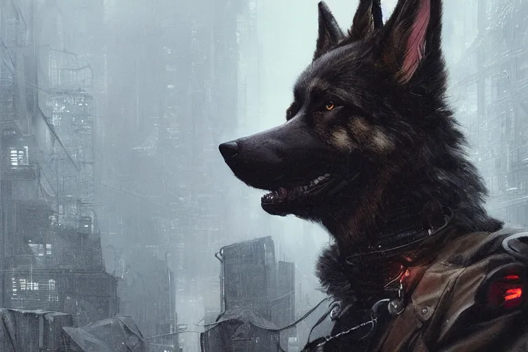 Image similar to new york city portrait of furry anthro anthropomorphic german shepard head animal person fursona wearing clothes strange cybernetic augmentations cyber muzzle gloomy rainy cyberpunk digital art by Greg Rutkowski, Simon Stalenhag, trending on Artstation, CGSociety