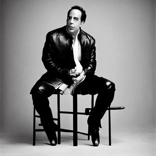 Image similar to Jerry Seinfeld wearing a leather outfit, portrait, are bure boke, by Annie Liebovitz, Daido Moriyama, Richard Avedon