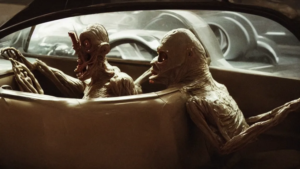 Prompt: the creature sits in a car, made of wax and metal, they vibin', film still from the movie directed by Denis Villeneuve and David Cronenberg with art direction by Salvador Dalí, wide lens