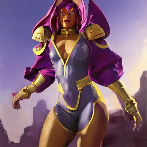 Image similar to greg manchess portrait painting of partially armored menat from street fighter as overwatch character, medium shot, asymmetrical, profile picture, organic painting, sunny day, matte painting, bold shapes, hard edges, street art, trending on artstation, by huang guangjian and gil elvgren and greg rutkowski