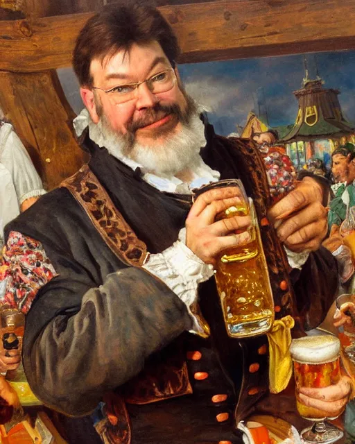 Prompt: a painting of jonathan frakes holding a mug of beer at the oktoberfest, a detailed painting by konstantin makovsky and by jan matejko and by nikolay makovsky, shutterstock contest winner, german romanticism, detailed painting, oil on canvas, wimmelbilder