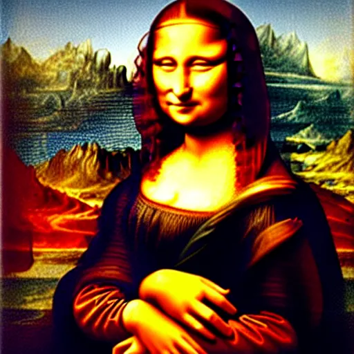 Prompt: mona lisa form behind while leonardo is painting her picture