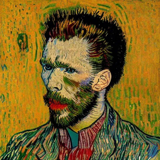 Prompt: portrait of an artificial intelligence painting by Vincent van Gogh klimt Jean-Michel Basquiat