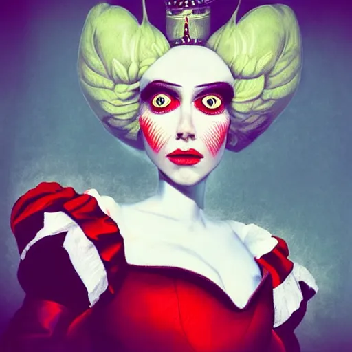 Prompt: “Queen of Hearts from Alice in Wonderland, realism, fantasy, trending on Artstation”