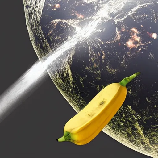 Image similar to an asteroid shaped as a banana destroying earth