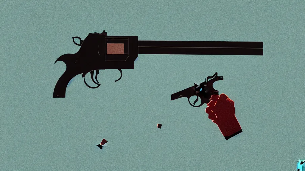 Prompt: I threw heavy objects down to kill the man, while he shot at me. I found a revolver but there were no bullets , screen print by Kawase Hasui and dan hillier, rendered in octane render 32k