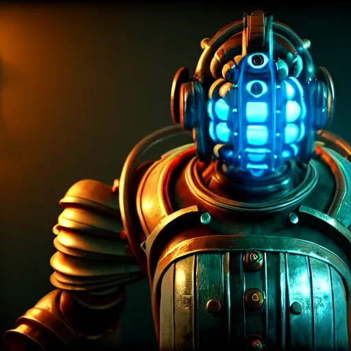 Image similar to isaac clarke as a bioshock big daddy, unreal engine 5, bioshock deadspace, high detail 3 d render,