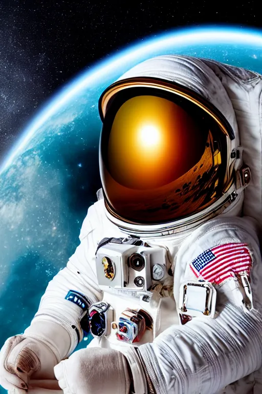 Prompt: extremely detailed studio portrait of space astronaut, holds an iphone in one hand, iphone held up to visor, reflection of iphone in visor, moon, extreme close shot, soft light, golden glow, award winning photo by nasa