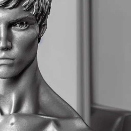 Image similar to a realistic detailed photo of a guy who is an attractive humanoid who is half robot and half humanoid, who is a male android, soccer player martin ødegaard, shiny skin, posing like a statue, blank stare, in a living room, on display, showing off his muscles, gold soccer shorts, side view