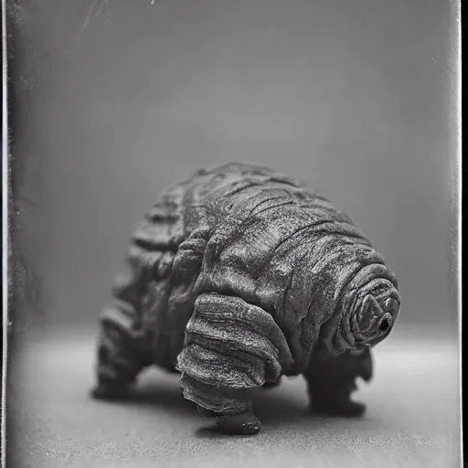 Image similar to tardigrade!!! daguerreotype portrait photograph. inspired by gerard grom and ansel adams. highly detailed. old timey.