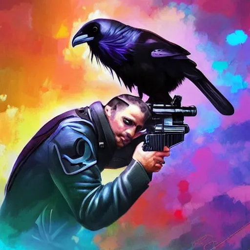 Image similar to a man shooting a pistol, but instead of a bullet the gun shoots a raven. colorful, bright, fantasy, artgerm, dnd, fantasy, rpg