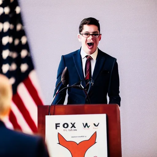 Prompt: a fox dressed in a suit giving a presidential speech, 8 5 mm f / 1. 4