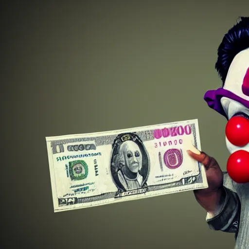Prompt: A clown holding a dollar banknote, background is a slum, artstation, cgsociety, masterpiece