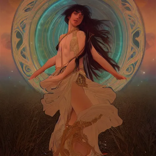 Prompt: a goddess dancing in the desert, glowing eyes, fantasy, intricate and very beautiful and elegant, highly detailed, digital painting, artstation, concept art, smooth and sharp focus, illustration, art by tan zi and ayanamikodon and alphonse mucha and wlop