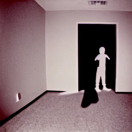 Prompt: strange shadow on an empty room, kids scared, found footage, 8 mm, analog