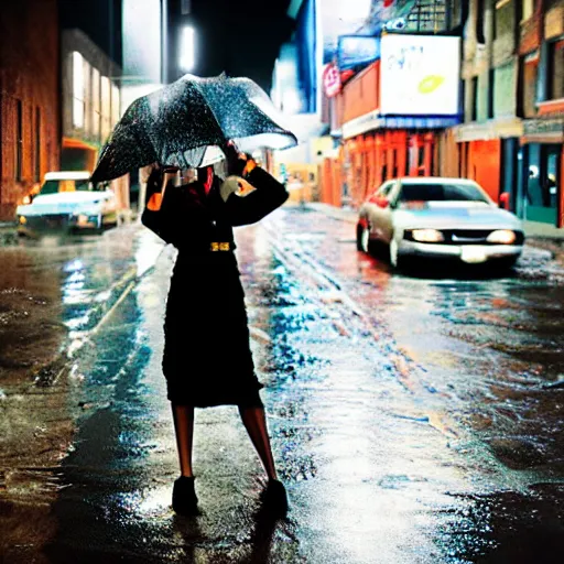 Image similar to night flash portrait photography of a high school girl in uniform on the lower east side by annie leibovitz, colorful, nighttime!, raining!