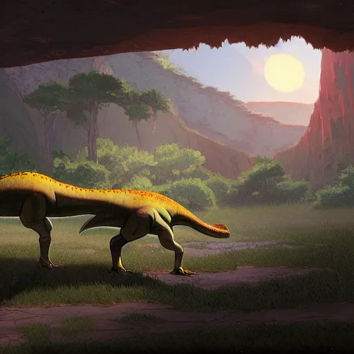 Image similar to concept art painting of alien dinosaurs, detailed, cel shaded, in the style of makoto shinkai and moebius and james gurney