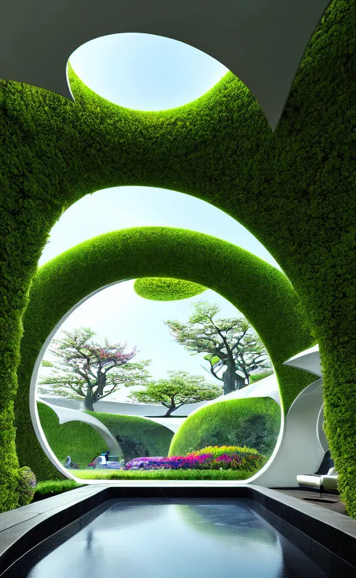 Prompt: futuristic sharp focus biophilic villa interior with secret garden, arches, fractal ceiling, magnolia flowers trees ceramic porcelain stone nebula fluid colorful architecture landscape, highly detailed, granite, marble, moss, vincent callebaut composition, mamou - mani, cinematic morning light, 8 k, unreal engine, uhd