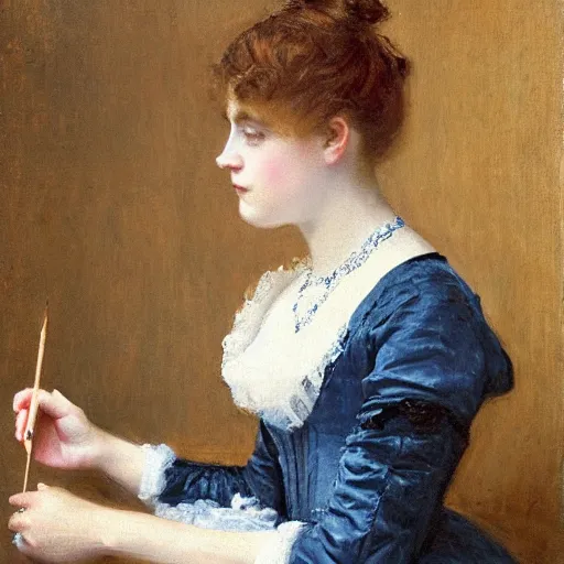 Image similar to young victorian lady in ball gown, absent - minded chewing on the end of a pencil, painted by alfred stevens