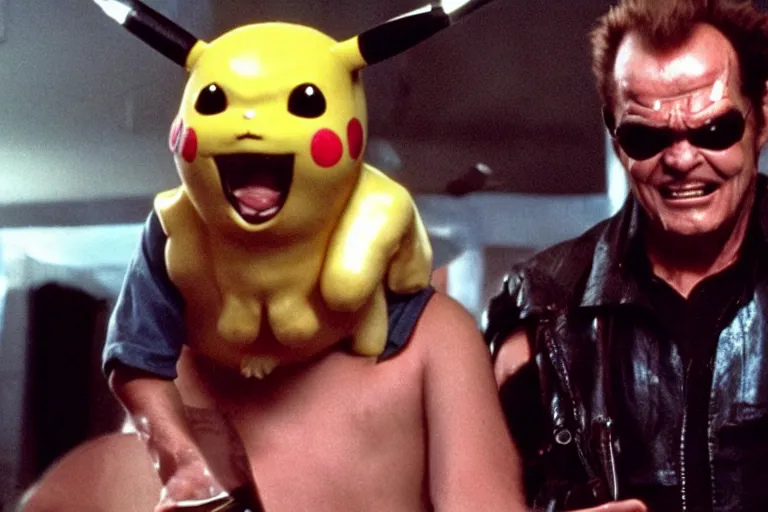 Image similar to Jack Nicholson plays Terminator Pikachu hybrid, scene where his endoskeleton gets exposed, still from the film