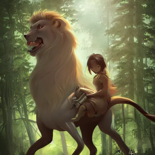 Image similar to girl riding a giant lion in the forest, trending on artstation