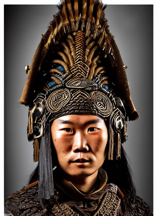 Image similar to tai warlord closeup portrait, historical ethnic group, traditional tai costume, bronze headset, leather armor, fantasy, intricate with dong son bronze artifacts