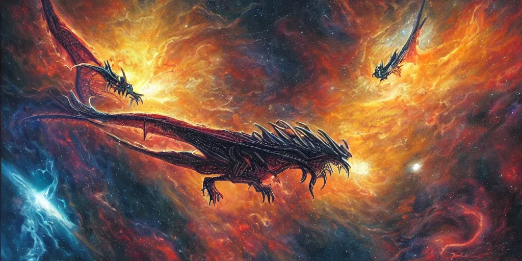 Image similar to an alien dragon flying through outer space, epic nebula, dan seagrave art